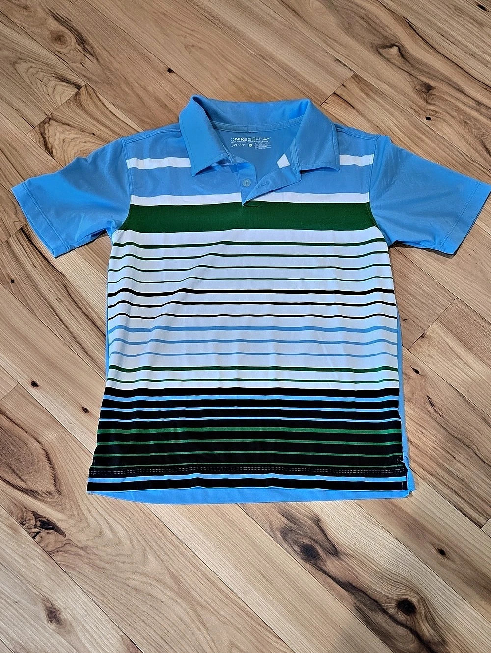 Boys Nike Golf Striped Golf Polo in Blue & Green Size Medium